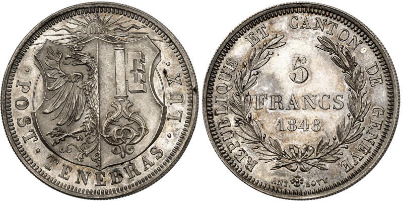 Suisse - Genève

5 francs en argent - 1848

 Magnifique exemplaire.

 Rare...
