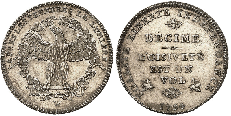 Suisse - Genève

Décime en argent - 1794

 Rare et magnifique exemplaire.
...