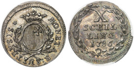Suisse - Schwyz

10 schilling en argent - 1786

Très rare dans cette qualité.

Le seul exemplaire gradé.

 2.43g - HMZ 2-800a

Superbe à FDC...