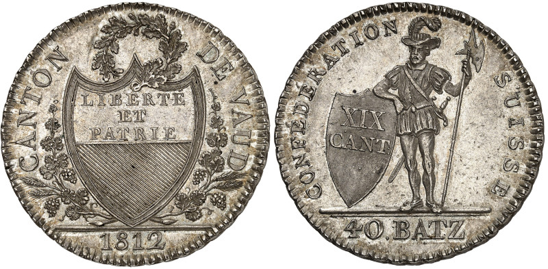 Suisse - Vaud

40 batzen en argent - 1812

 Magnifique exemplaire.

 Rare ...