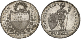 Suisse - Vaud

40 batzen en argent - 1812

 Magnifique exemplaire.

 Rare - 2.485 exemplaires.

Acheté en main privée à Genève (étiquette join...