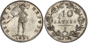 Suisse - République Helvétique

40 batzen en argent - 1798 Soleure

 Magnifique exemplaire.

 Rare.

 Acheté en main privée à Genève (étiquett...
