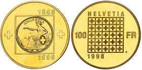 Suisse

Confédération Helvétique (1848 à nos jours)

Épreuve sur flan bruni du 100 francs en or - 1998

Commémore les 150 ans de l'État Fédéral ...