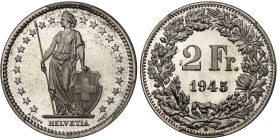 Suisse

Confédération Helvétique (1848 à nos jours)

Épreuve du 2 francs en argent - 1945 B Berne

Deuxième plus haut grade.

10.0g - HMZ 2-12...
