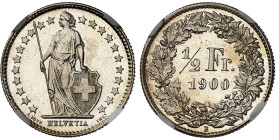 Suisse

Confédération Helvétique (1848 à nos jours)

Epreuve du 1/2 franc en argent - 1900 B Berne 

Rarissime, seulement 2 exemplaires gradés....