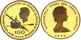 Turques et Caïques (îles)

Elisabeth II (1852-2022)

Épreuve sur flan bruni du 100 couronnes en or - 1979 

Commémore le 10ème anniversaire de l...