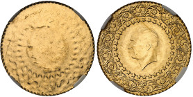 Turquie

République (1341 AH / 1923 à nos jours)

100 Kurush en or uniface - ND

Rarissime erreur de frappe (flan superposé).

Magnifique exem...