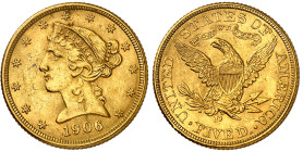 USA

République fédérale (1789 à nos jours)

 5 dollars en or – 1906 D Denver

 8.36g - KM 101 - Fr. 145

 Pratiquement FDC - MS