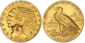 USA

République fédérale (1789 à nos jours)

 5 dollars en or – 1909 D Denver

 8.36g - KM 129 - Fr. 151

 Pratiquement FDC - MS