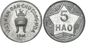 Vietnam - Nord Viêtnam

République démocratique du Vietnam (1945-1976)

Épreuve sur flan bruni du 5 hao en aluminium - 1946

Le plus haut grade....