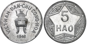 Vietnam - Nord Viêtnam

République démocratique du Vietnam (1945-1976)

Épreuve sur flan bruni du 5 hao en aluminium - 1946

 Magnifique exempla...