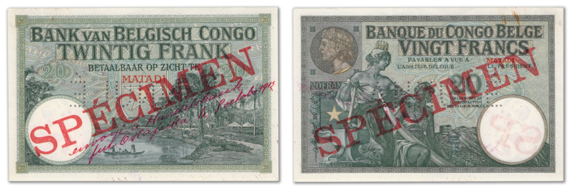 Congo Belge

Spécimen filigrané du 20 Francs Matadi surchagé à l'encre rouge ...