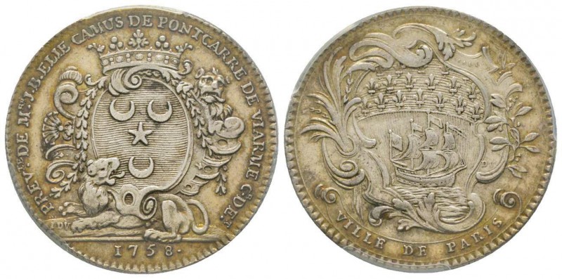 France, Jeton, 1758, 10.59 g. AG.
Avers: PREVE DE M. J. B. ELIE CAMUS DE PONTCAR...