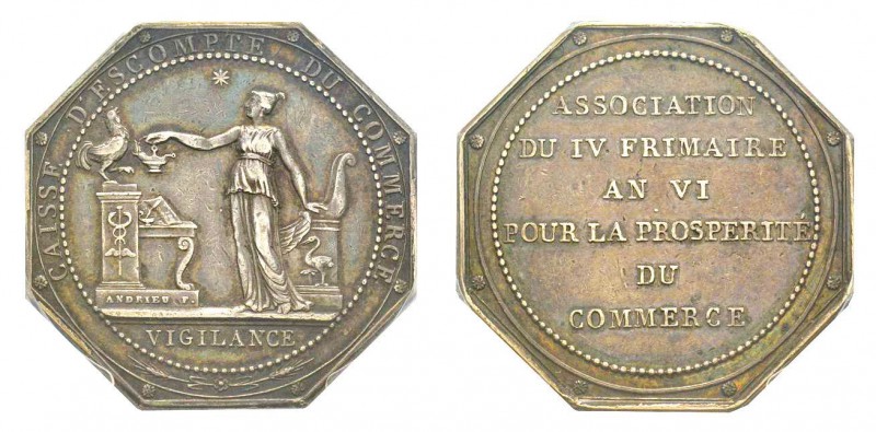 France, Jeton, An VI, 17.97 g. AG.
Avers: CAISSE D'ESCOMPTE DU COMMERCE VIGILANC...