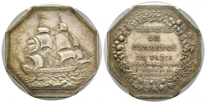 France, Jeton, 1803, 17.17 g. AG.
Avers: Navire à droite
Revers: CHAMBRE DE COMM...