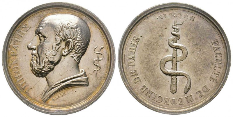 France, Jeton, 1809, 19.13 g. AG.
Avers: HIPPOCRATE Tête à gauche
Revers: FACULT...
