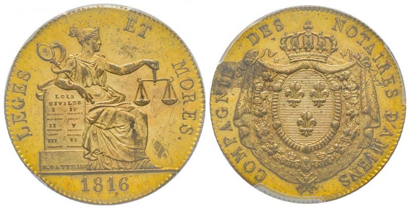France, Jeton, 1816, 8.71 g. Vermeil.
Avers: LEGES ET MORES 1816
Revers: COMPAGN...