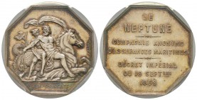 France, Jeton, 1859, 15.69 g. AG. Poinçon Main
Avers: Neptune et Mercure, à l'exergue NEPTUNO FAVENTE
Revers: LE NEPTUNE COMPAGNIE ANONYME D'ASSURANCE...