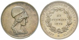 France, Jeton, 1873, 16.23 g. AG.
Avers: Buste à droite de Athéna
Revers: ASStion MUTUELLE DES RISQUES DE GUERRE ET D'EMEUTE ; dans la couronne: 27 FE...