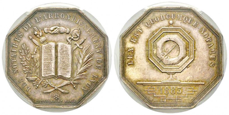 France, Jeton, 1883, 14.39 g. AG.
Avers: LES NOTAIRES DE L'ARRONDISSEMENT DE LYO...