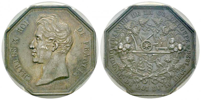 Guadeloupe, Charles X, jeton, banque de la Guadeloupe, 1826, AG.
Avers: CHARLES ...