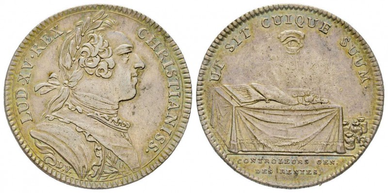 Louis XV, Duvivier. Contrôleurs des rentes, AG 9 g.
Avers: Buste habillé de Loui...