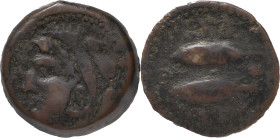 Ancient Hispania
Gades/Gadir (Cádiz), Phoenician influence on coinage made within Roman Hispania. AE As 8.32 g. 100-20 BC. . Anv.: Hercules head facin...