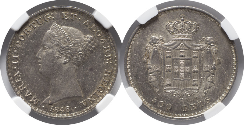 Moedas certificadas
Portugal D. Maria II Lisboa 500 Réis 1846
NGC MS 62