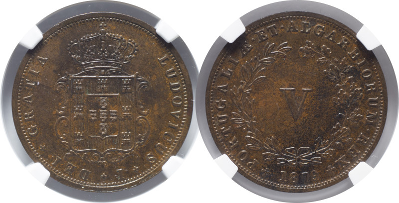 Moedas certificadas
Portugal D. Luís I Lisboa 5 Réis 1879
NGC UNC DETAILS ENVIRO...