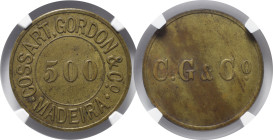 Moedas certificadas
Portugal Madeira Ficha 500 Réis (1902)
C.G. & CO.
NGC AU 55