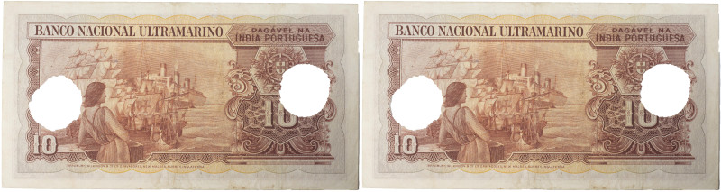 India Portuguesa, Banco Nacional Ultramarino. 10 Rupias, 1945. Com furo de cance...