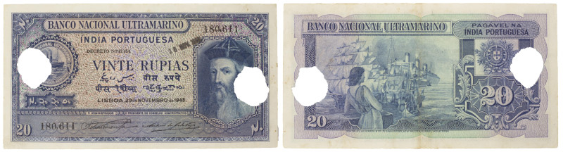 India Portuguesa, Banco Nacional Ultramarino. 20 Rupias, 1945. Com furo de cance...