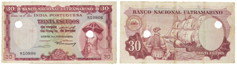 India Portuguesa, Banco Nacional Ultramarino.30 escudos 1959. Com furo de cancel...