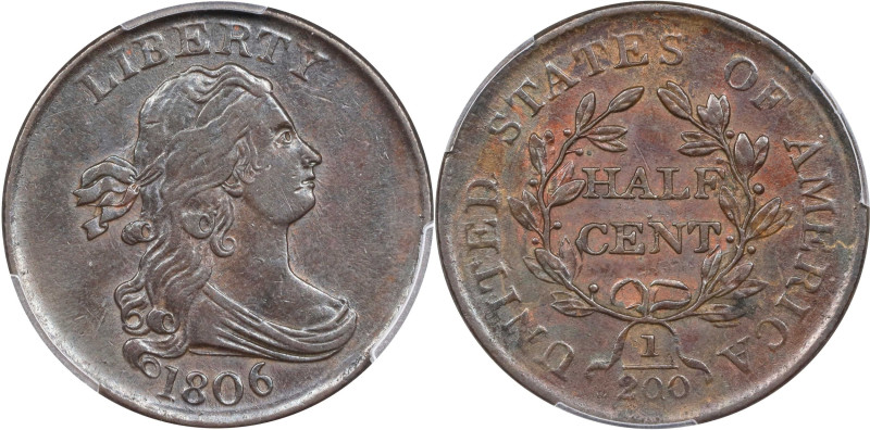 1806 Draped Bust Half Cent. C-1. Rarity-1. Small 6, Stemless Wreath. AU-50 (PCGS...