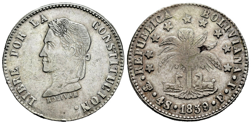 Bolivia. 4 soles. 1859. Potosi. FJ. (Km-123.3). Ag. 13,26 g. Planchet flaw on re...