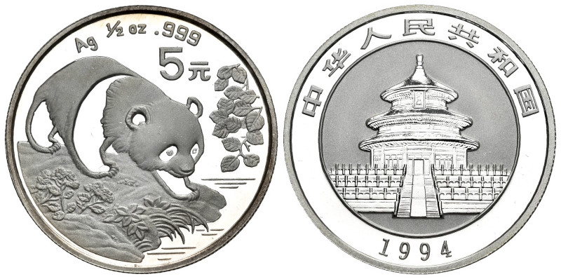 China. 5 yuan. 1994. (Km-621). Ag. 15,61 g. Panda Series. Brilliant uncirculated...