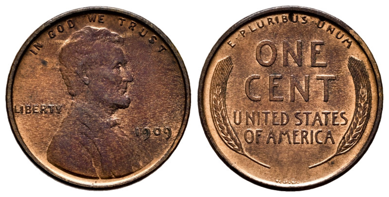 U.S. Coins. Lincoln Cents. 1 cent. 1909. Philadelphia. VDB. (Km-132). Ae. 3,08 g...