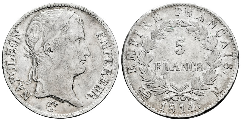 France. Napoleon Bonaparte. 5 francs. 1814. Toulouse. M. (Km-694.10). (Gad-584)....