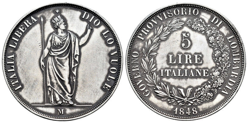 Italy. Lombarda. 5 lire. 1848. Milano. M. (Km-C22.1). (Pagani-213). (Mont-245). ...