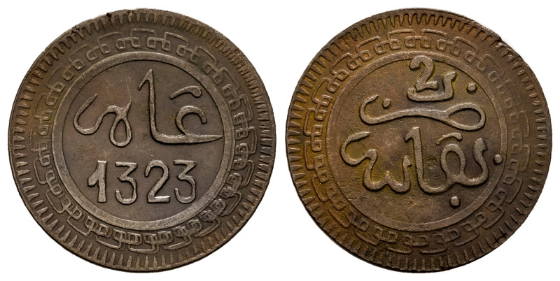 Morocco. Abd Al-Aziz Al-Mansur. 2 mazunas. 1323 H (1905). Fez. (Km-Y15.2). Ae. 2...