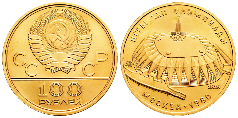 Russia. 100 roubles. 1979. (Km-Y174). (Fr-191). Au. 17,38 g. Olympic Games 1980,...