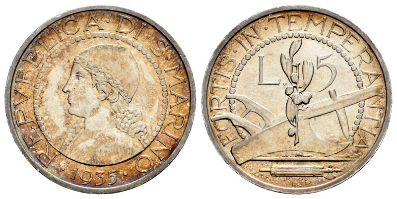 San Marino. 5 lire. 1935. Rome. R. (Km-9). (Mont-38). (Pagani-361). Ag. 5,00 g. ...