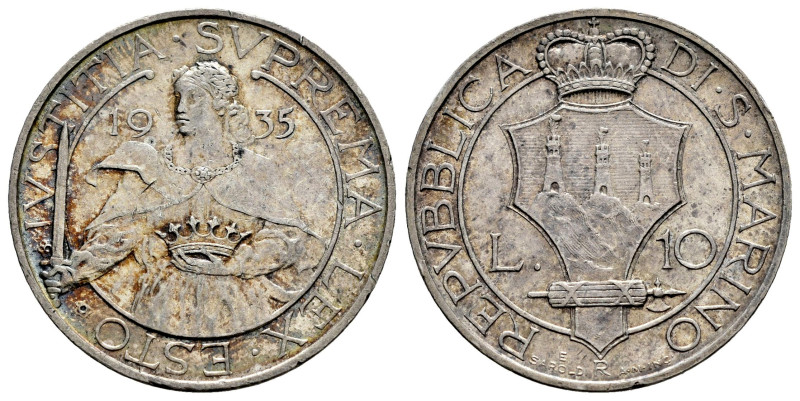 San Marino. 10 lire. 1935. Rome. R. (Km-10). (Mont-31). (Pagani-353). Ag. 10,00 ...