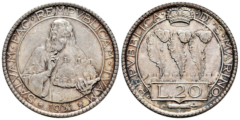 San Marino. 20 lire. 1931. Rome. R. (Km-11). (Mont-30). (Pagani-342). Ag. 15,03 ...