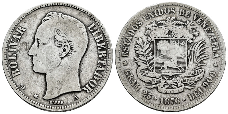 Venezuela. 5 bolivares. 1876. Paris. A. (Km-Y16). Ag. 24,36 g. Scarce. F/Choice ...