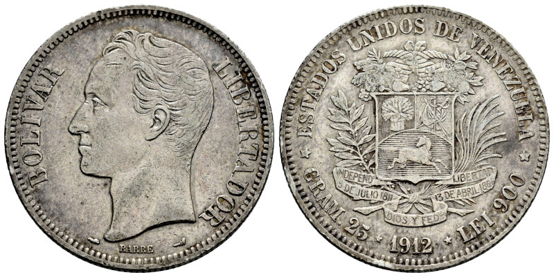 Venezuela. 5 bolivares. 1912. (Km-Y24.2). Ag. 24,83 g. Minor nicks on edge. VF. ...