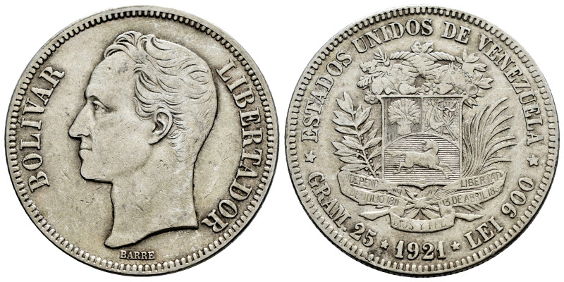 Venezuela. 5 bolivares. 1921. (Km-Y24.2). Ag. 24,79 g. Almost VF. Est...35,00. ...