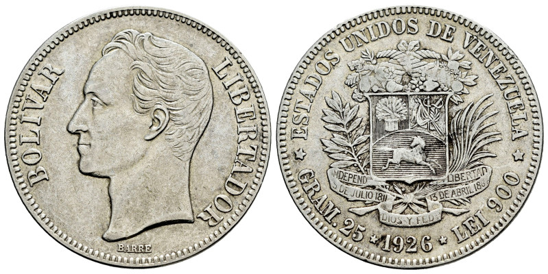 Venezuela. 5 bolivares. 1926. (Km-Y24.2). Ag. 24,93 g. Cleaned. VF/Choice VF. Es...