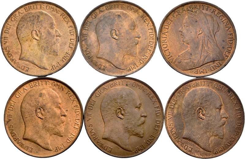 Lot of 6 coins from Great Britain. 1 Penny of Victoria and Edward VII 1901 to 19...