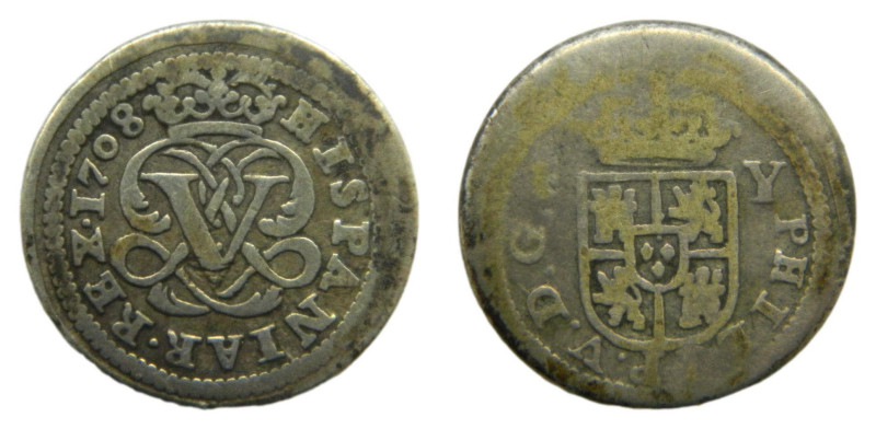 Felipe V (1700-1746) 1708 Y . Segovia. 1/2 real. (AC 330) Ar 1,24 gr. Rara.

S...